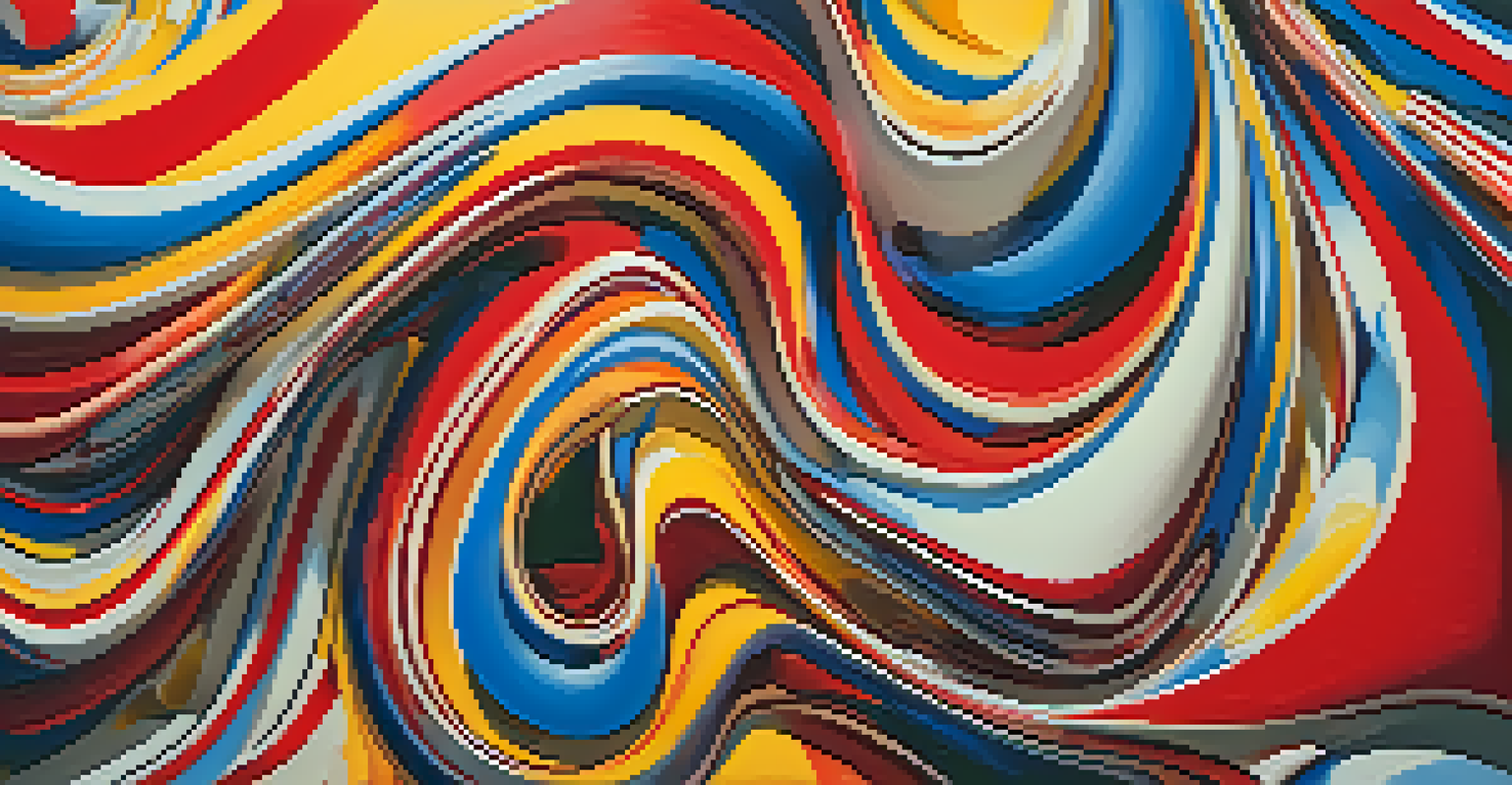 An abstract painting with bold colors and distorted shapes representing intense emotions, featuring swirls of red, blue, and yellow.