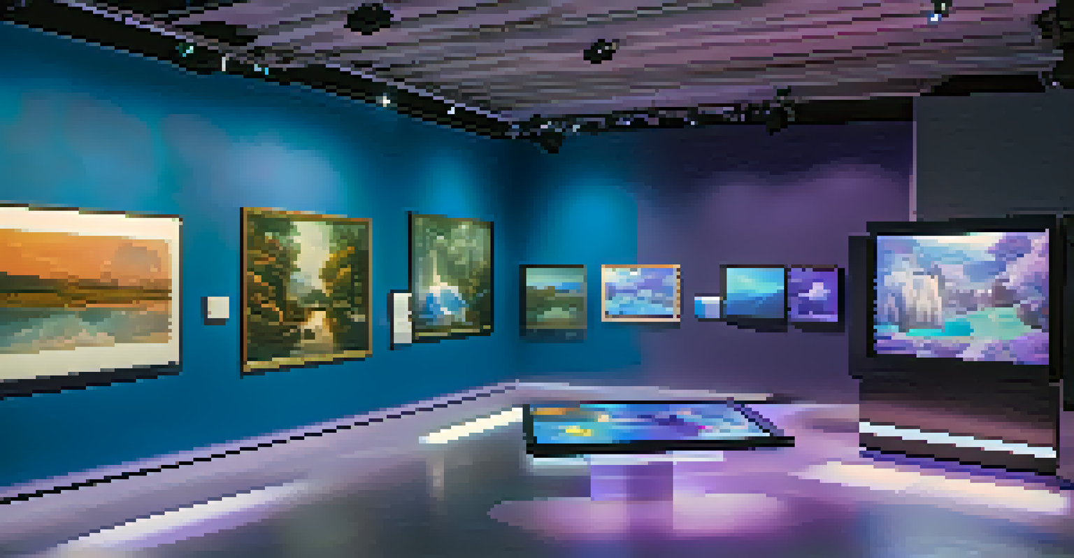 A futuristic virtual gallery displaying digital and traditional art with augmented reality features and visitors interacting with the exhibits.