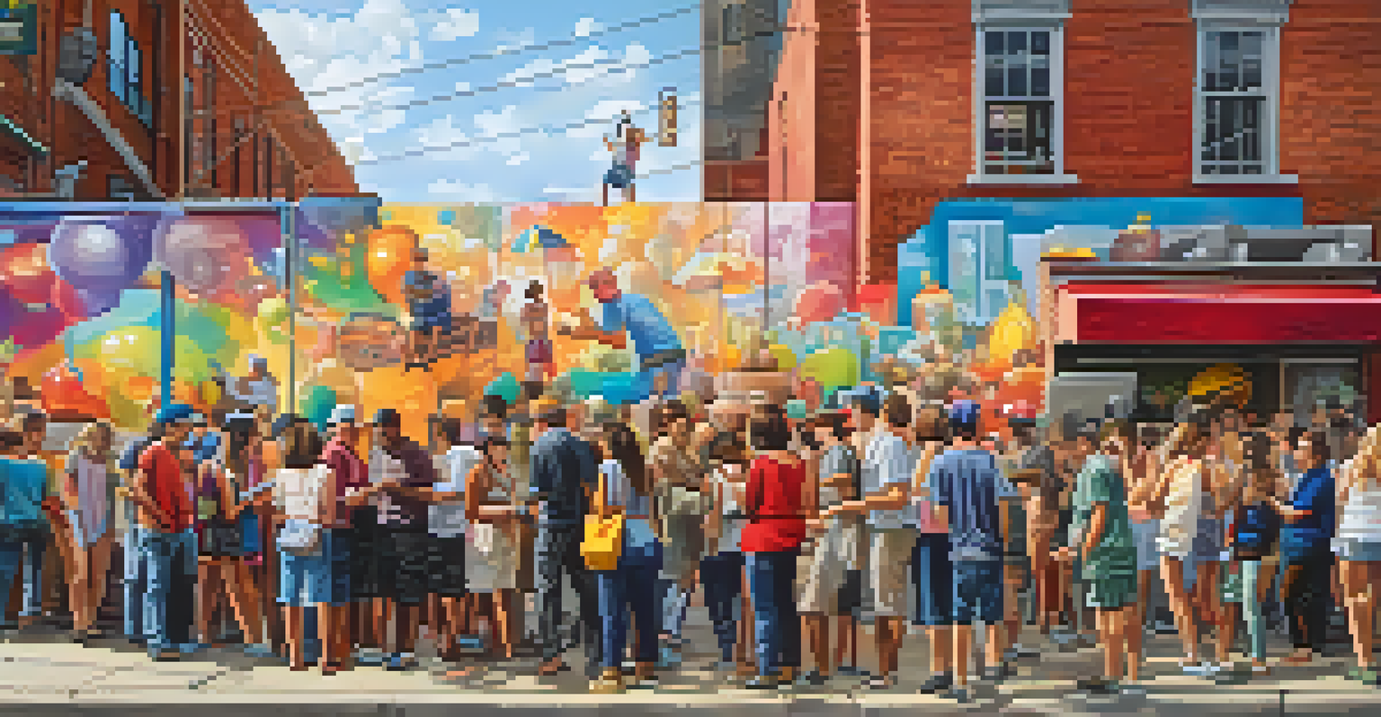 A vibrant street art mural on a brick wall, with people taking photos and a street vendor nearby, creating a lively atmosphere.