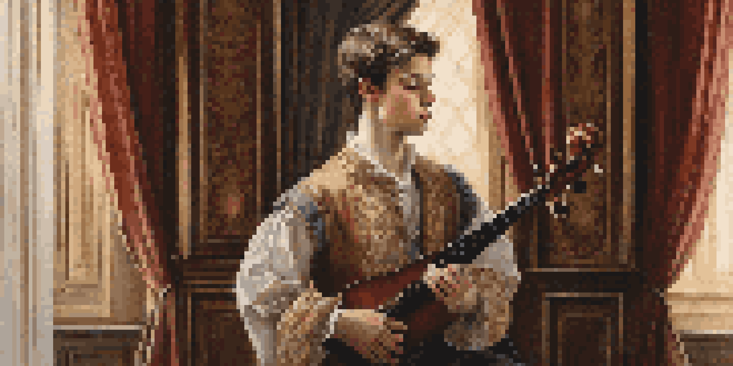 A young musician in a Renaissance-style portrait, with their instrument in a richly textured room.