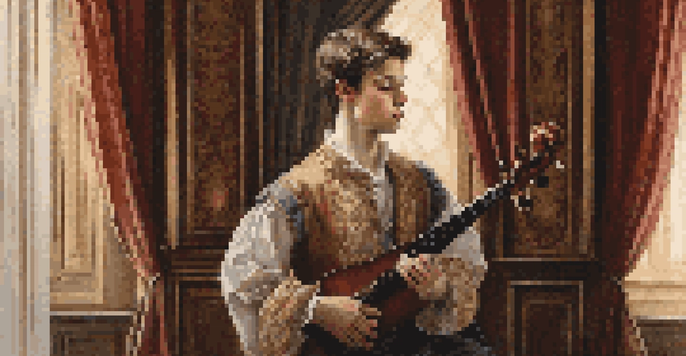 A young musician in a Renaissance-style portrait, with their instrument in a richly textured room.