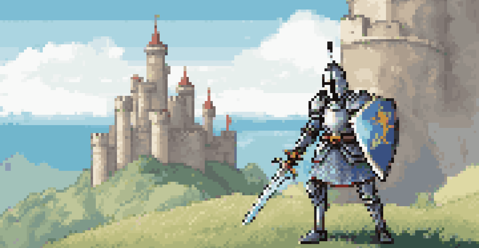 A heroic knight in pixel art style standing on a hilltop with a sword and shield, a pixelated castle in the background and a blue sky.