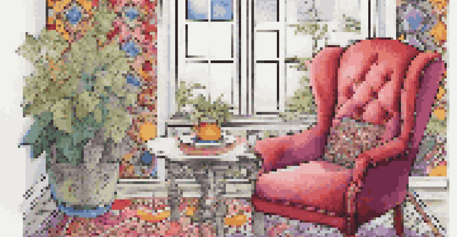 An adult coloring book page with colorful patterns on a cozy table setting with a cup of tea.
