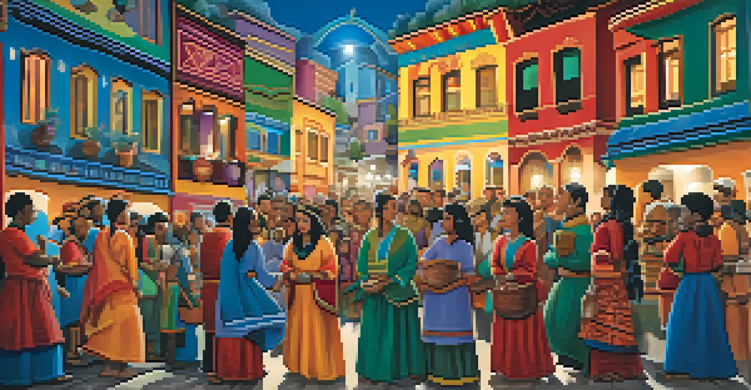 A colorful mural showing a community gathering around a storyteller, filled with bright colors and abstract patterns.