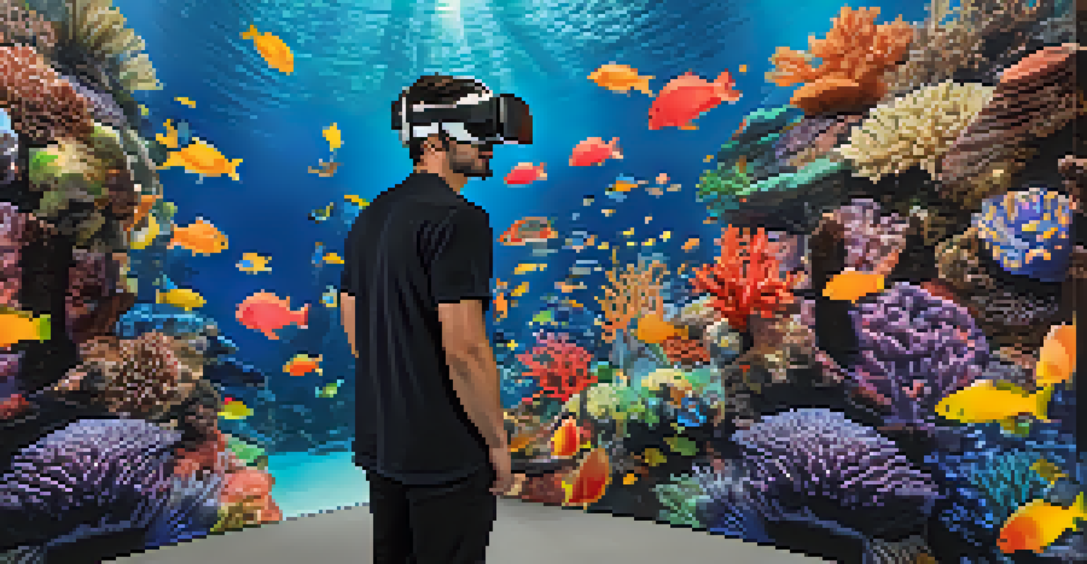 A person experiencing a virtual reality coral reef, surrounded by colorful marine life.
