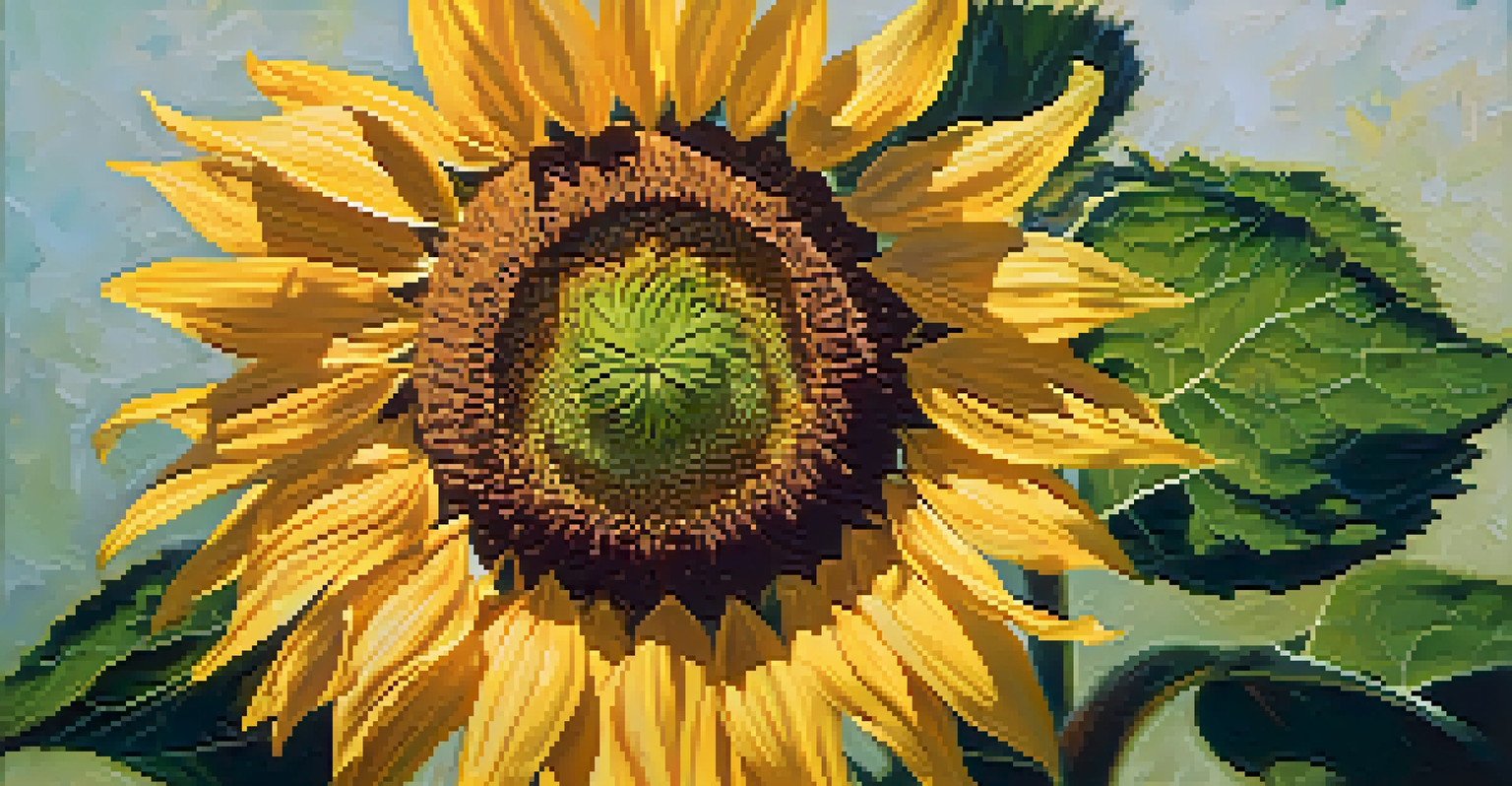 A close-up of a blooming sunflower with vibrant yellow petals and a textured brown center, illuminated by sunlight against a soft green background.
