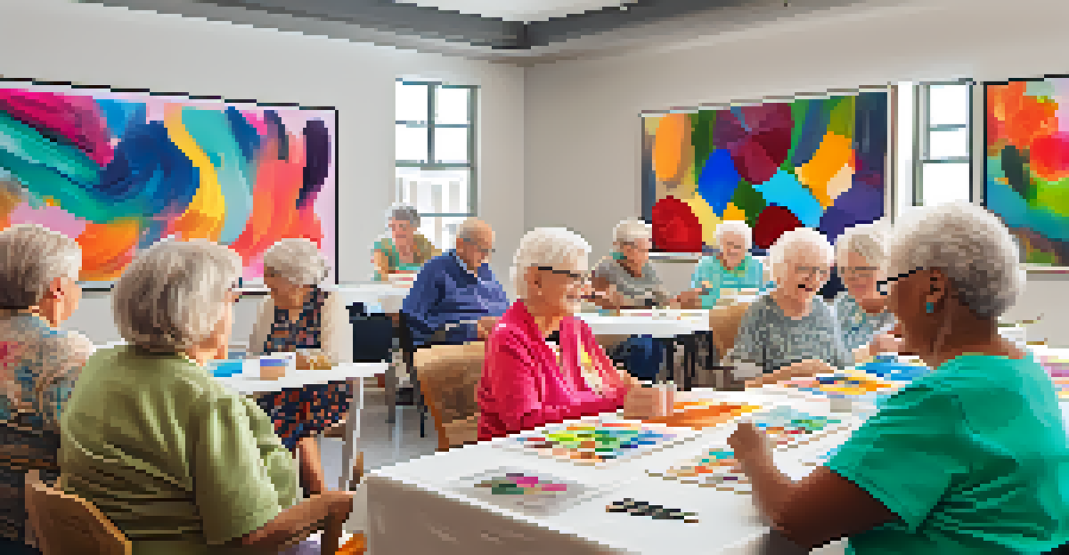 A group of seniors engaged in a digital art therapy session, creating colorful art on tablets in a bright and supportive room.