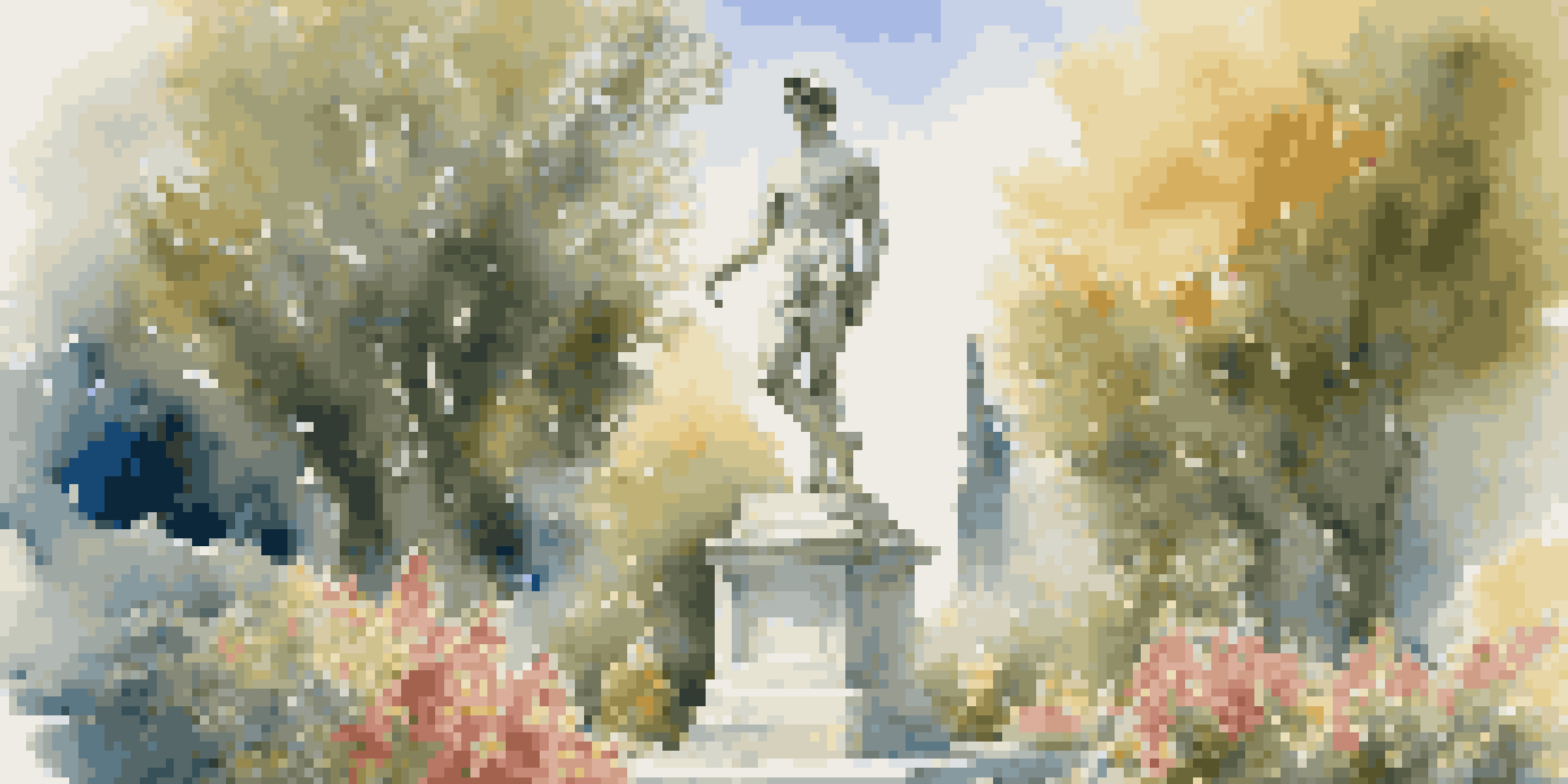 A marble statue of a Greek athlete in a sunny garden with colorful flowers and a blue sky.