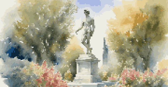 A marble statue of a Greek athlete in a sunny garden with colorful flowers and a blue sky.