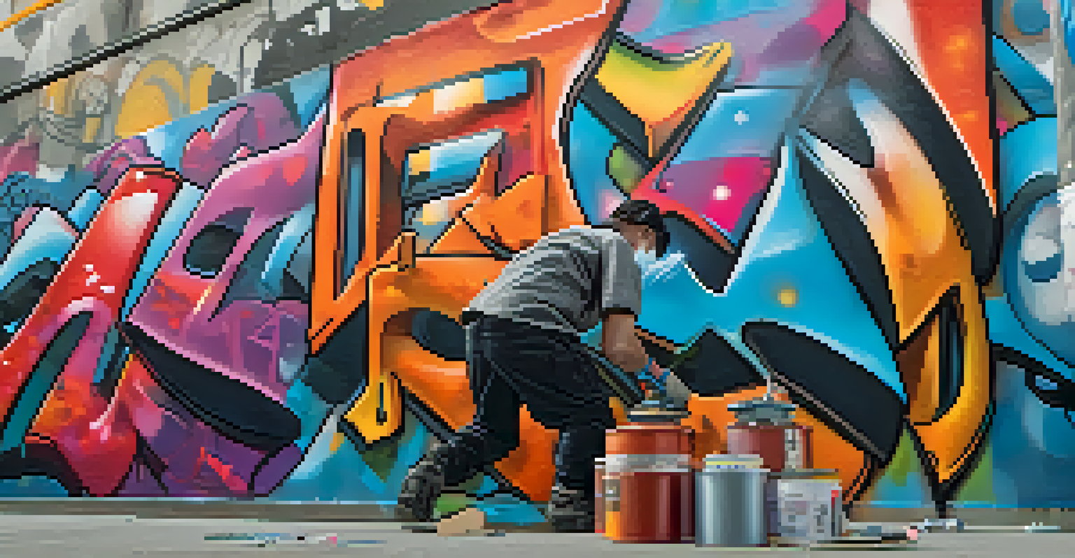 A graffiti artist spray painting a bold message on a concrete wall, surrounded by colorful spray paint cans and a partially completed mural.
