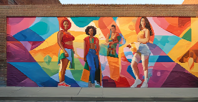 A colorful street art mural showcasing various representations of gender identity on a brick wall, bathed in warm sunset light.
