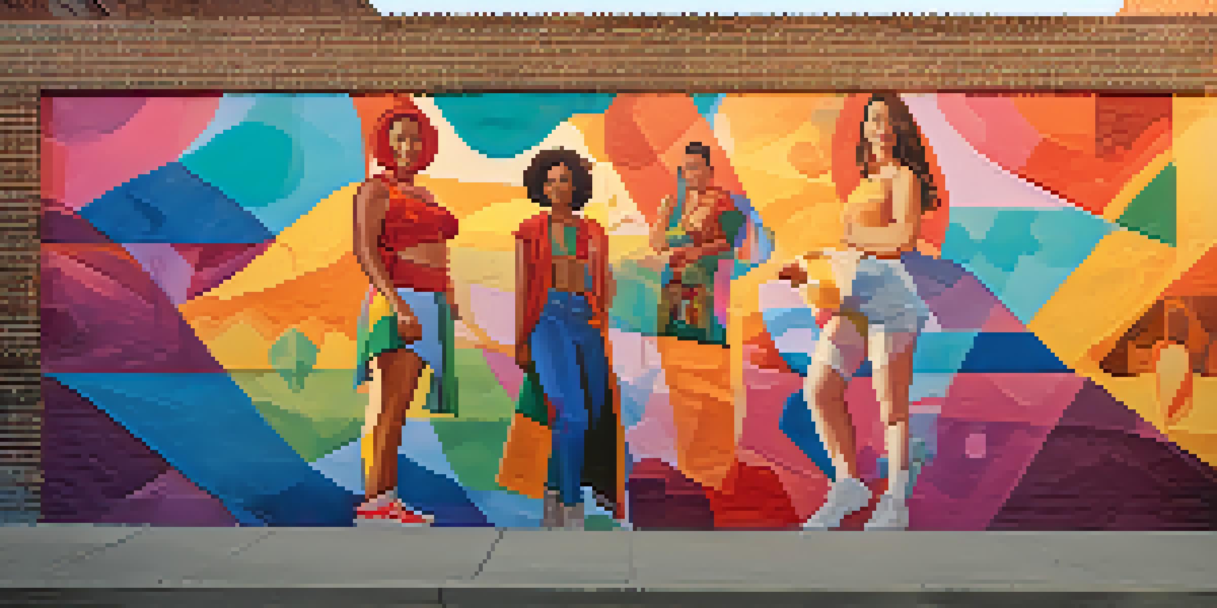 A colorful street art mural showcasing various representations of gender identity on a brick wall, bathed in warm sunset light.