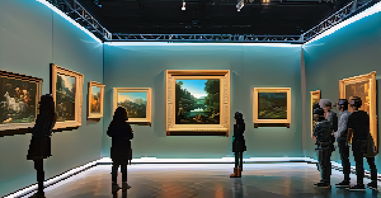 Visitors engaging with augmented reality displays in an art gallery, enhancing classic paintings with digital animations.