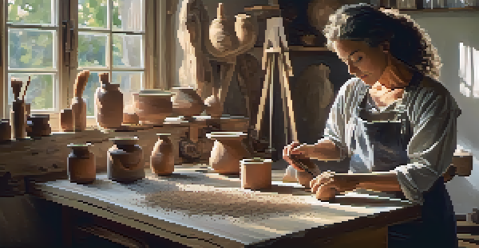 A sculptor working in a sunny artist's studio, surrounded by sculptures and tools.