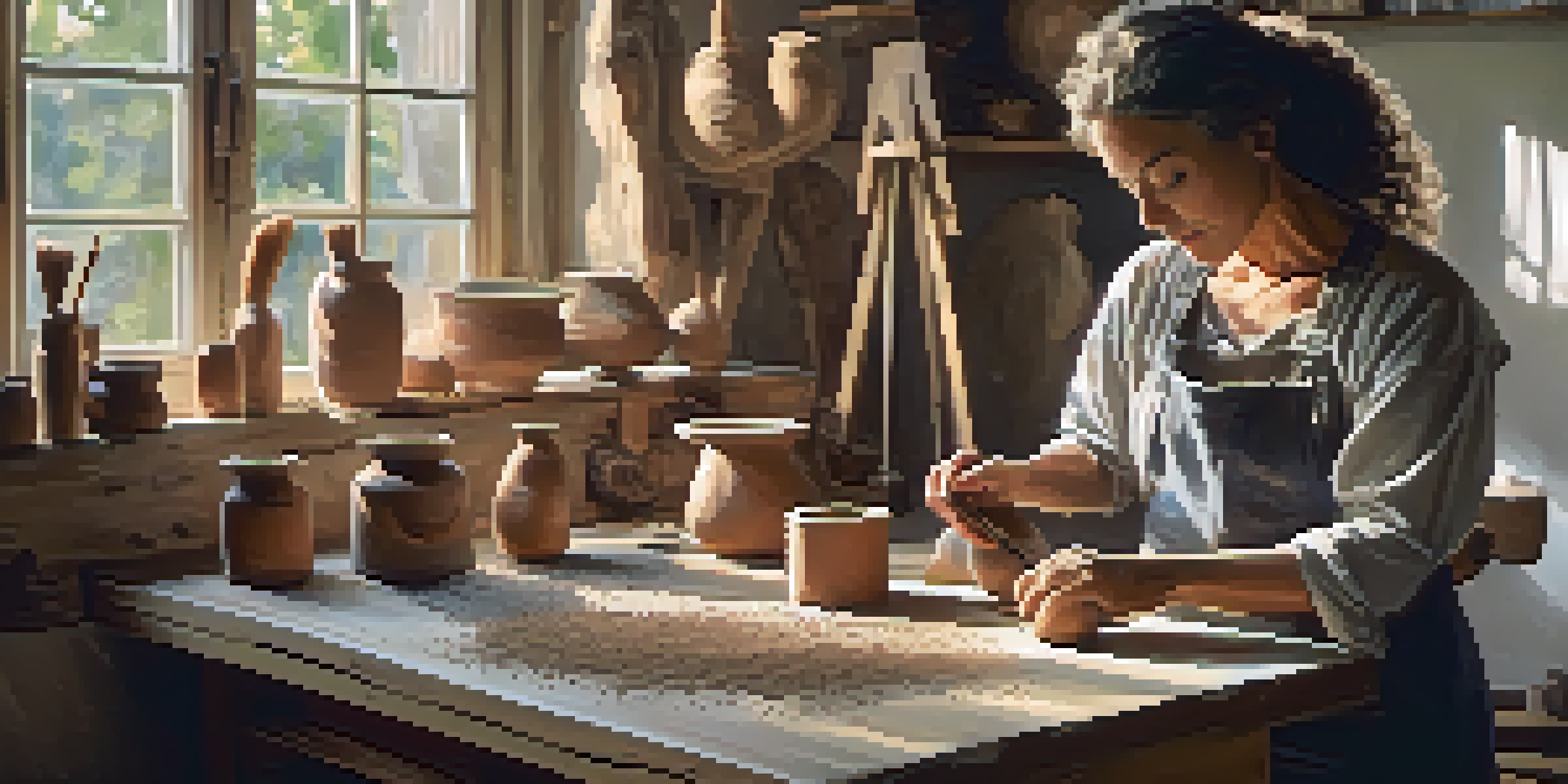 A sculptor working in a sunny artist's studio, surrounded by sculptures and tools.