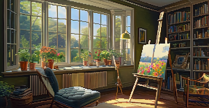 An artist's studio filled with warm light, featuring an easel, paint tubes, brushes, and a view of a garden outside.