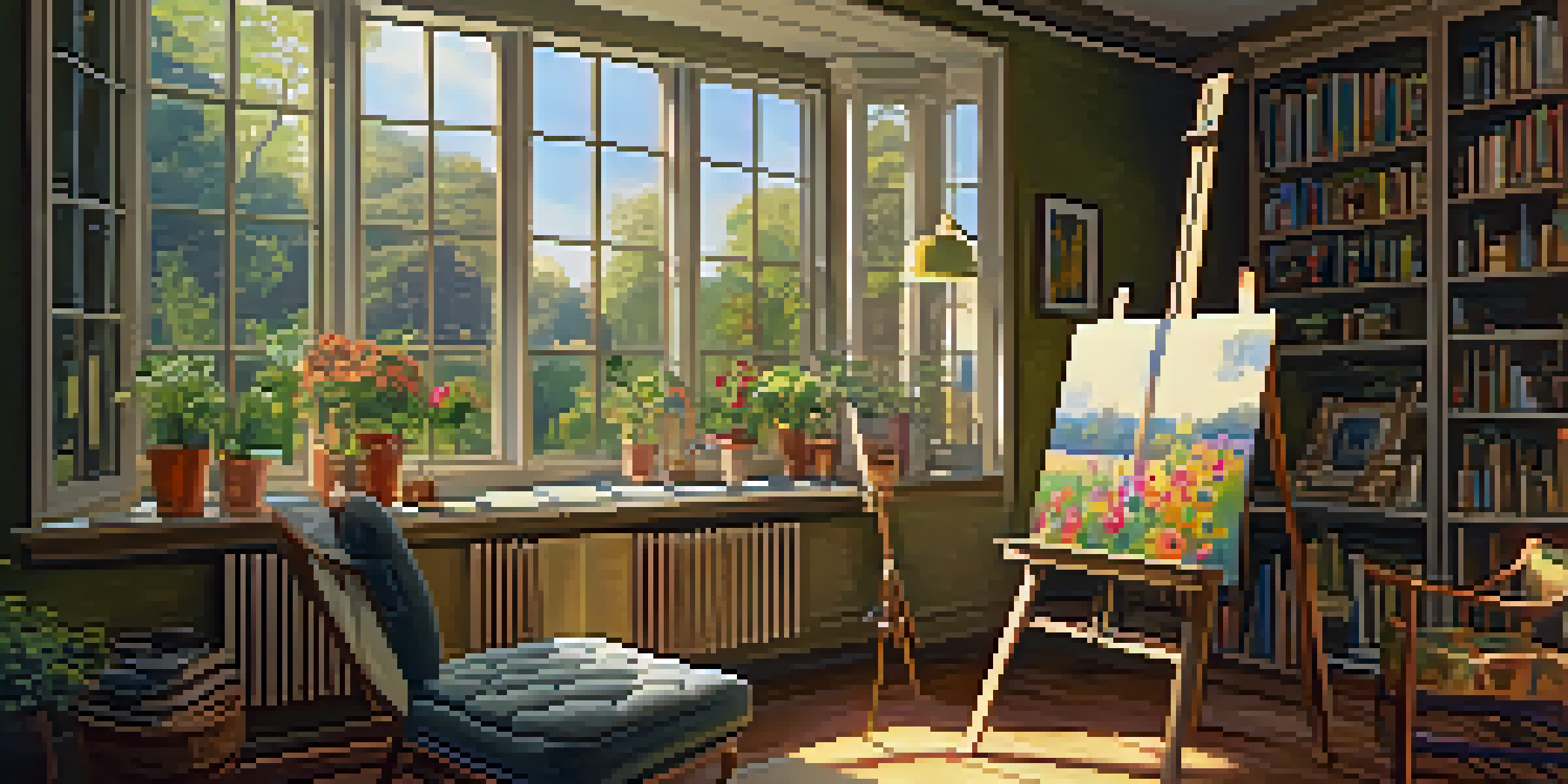 An artist's studio filled with warm light, featuring an easel, paint tubes, brushes, and a view of a garden outside.