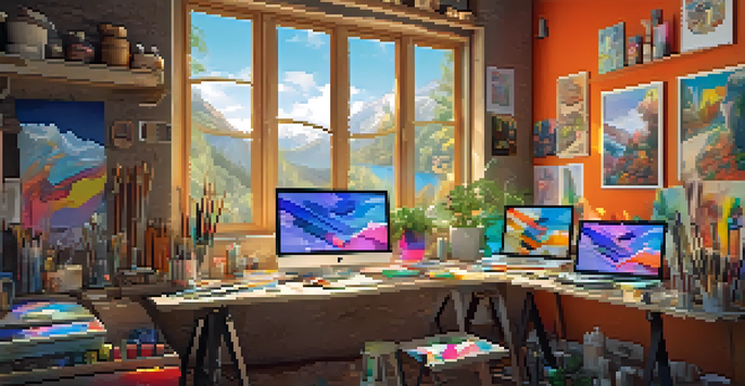 A bright digital art studio with colorful supplies and a digital drawing tablet showcasing art, illuminated by natural light.