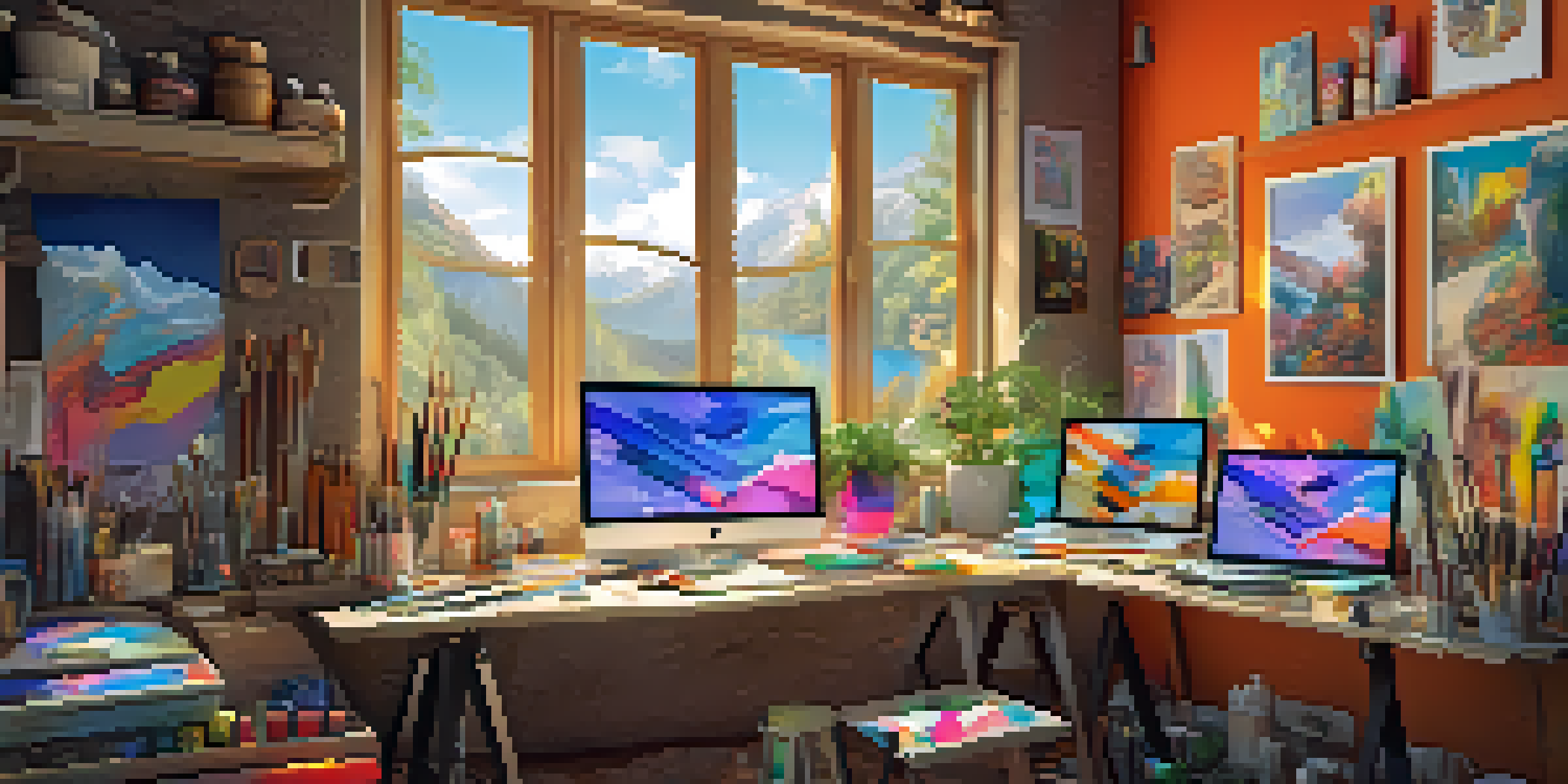 A bright digital art studio with colorful supplies and a digital drawing tablet showcasing art, illuminated by natural light.