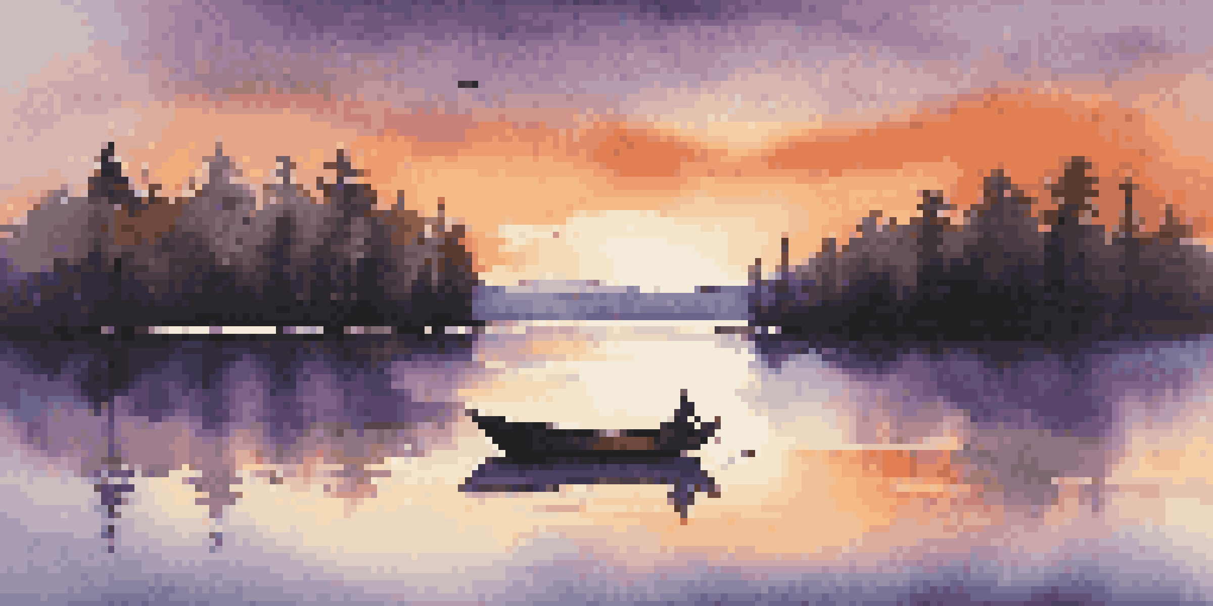 A tranquil sunset over a calm lake with silhouetted trees and a small boat.