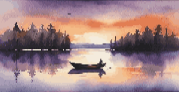 A tranquil sunset over a calm lake with silhouetted trees and a small boat.
