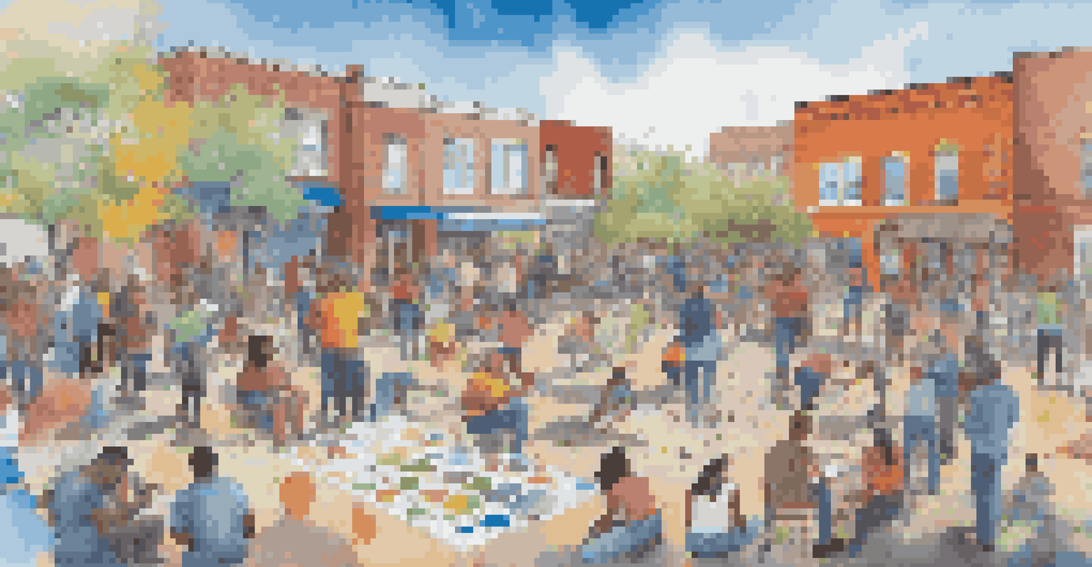 A diverse group of artists and community members collaborating on a large mural, surrounded by colorful paint splatters and art supplies, under a bright blue sky.
