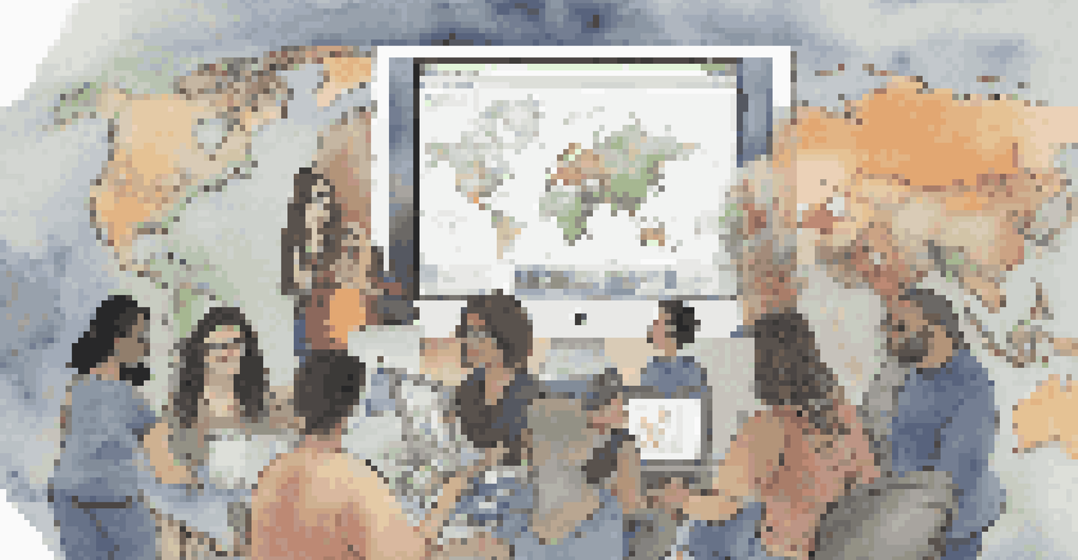 Artists from different backgrounds participating in a digital art competition, sharing ideas and submitting their works on a computer.