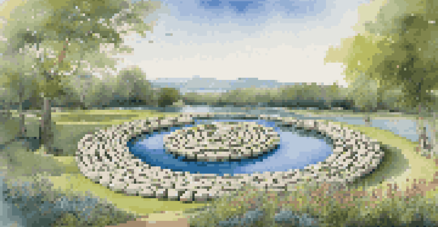 A large stone spiral installation by a peaceful lake, surrounded by greenery and wildflowers under a clear blue sky.