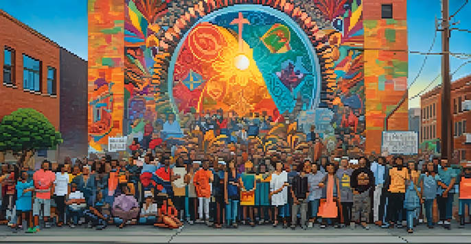 A colorful street mural illustrating a diverse group of people together in a peaceful protest for social justice.