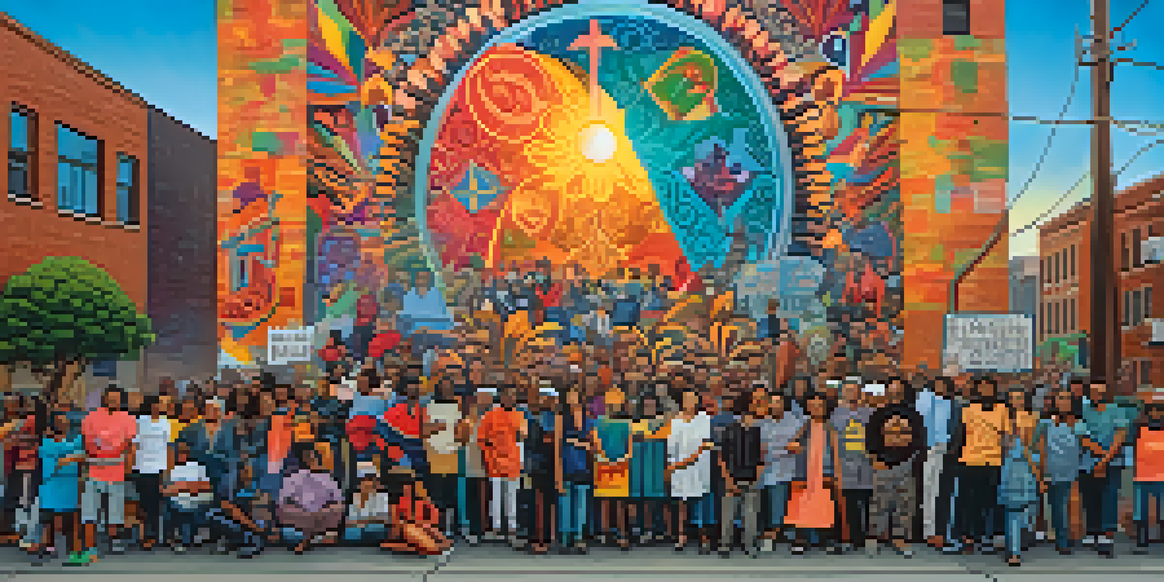 A colorful street mural illustrating a diverse group of people together in a peaceful protest for social justice.