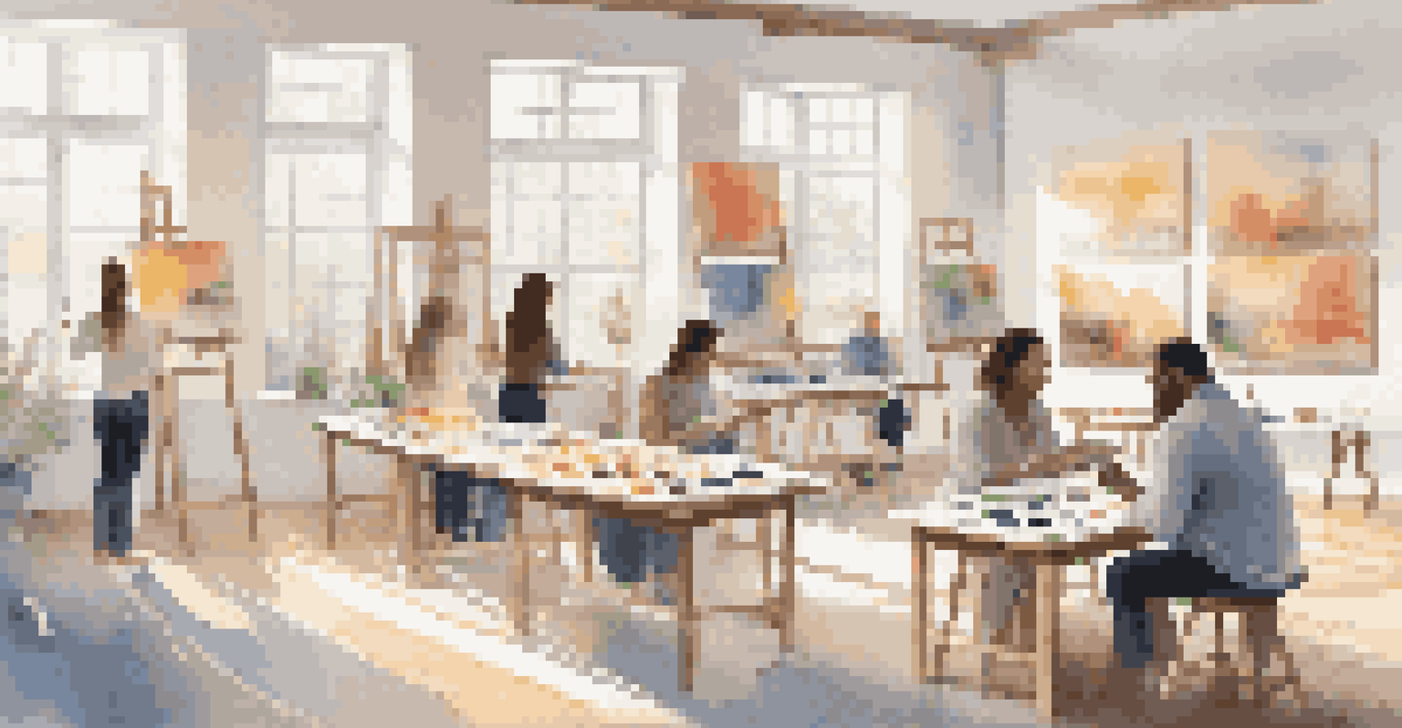 A peaceful art therapy session with people painting in a bright studio, surrounded by art supplies and inspirational quotes.