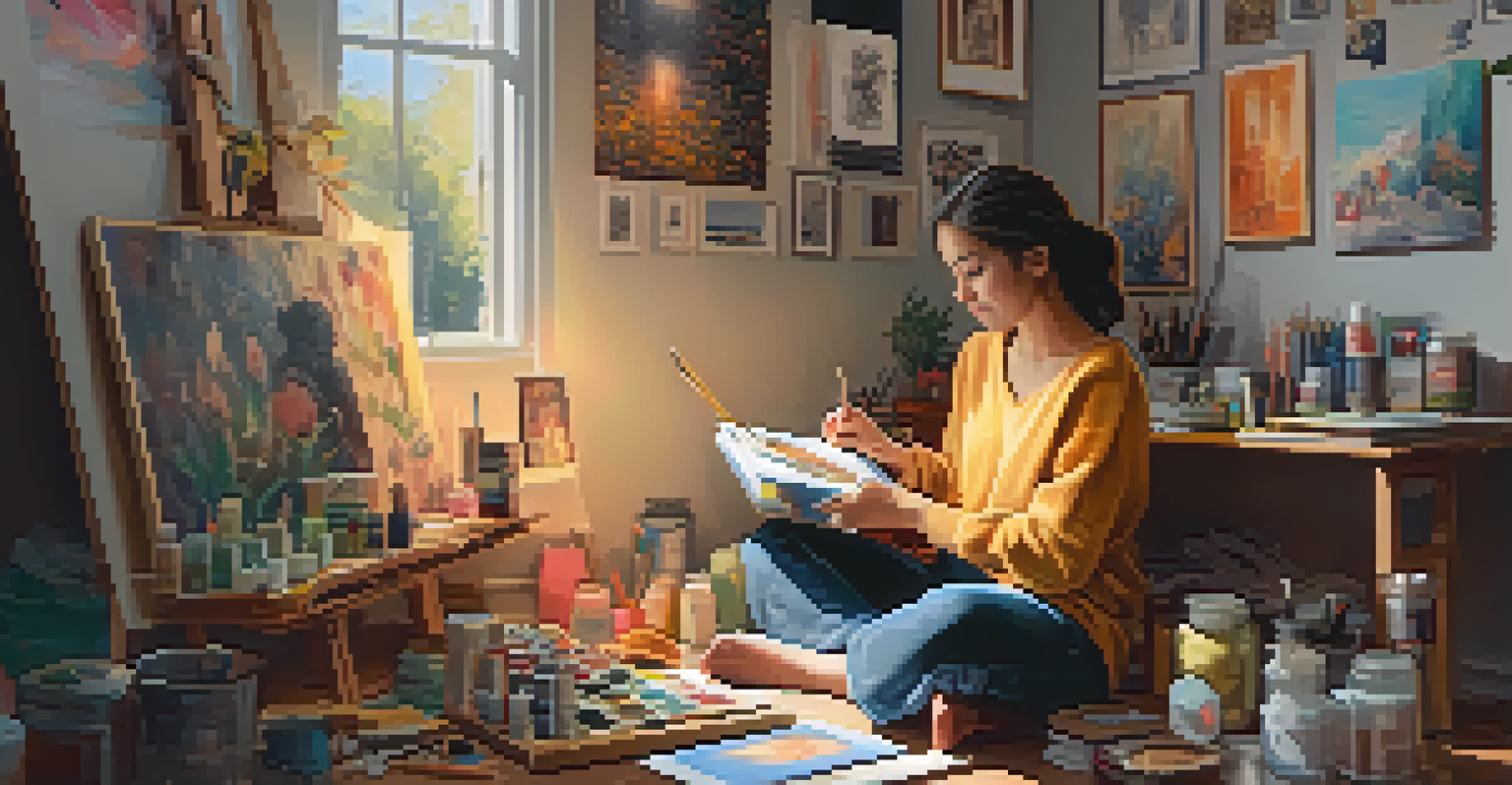 A person engaged in painting on a canvas in a cozy corner, surrounded by art supplies and completed artworks.