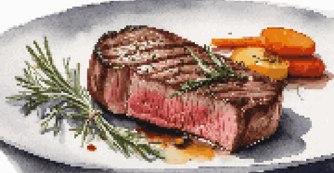 A seared steak on a white plate with a sprig of rosemary and colorful vegetables, showcasing a minimalist presentation.