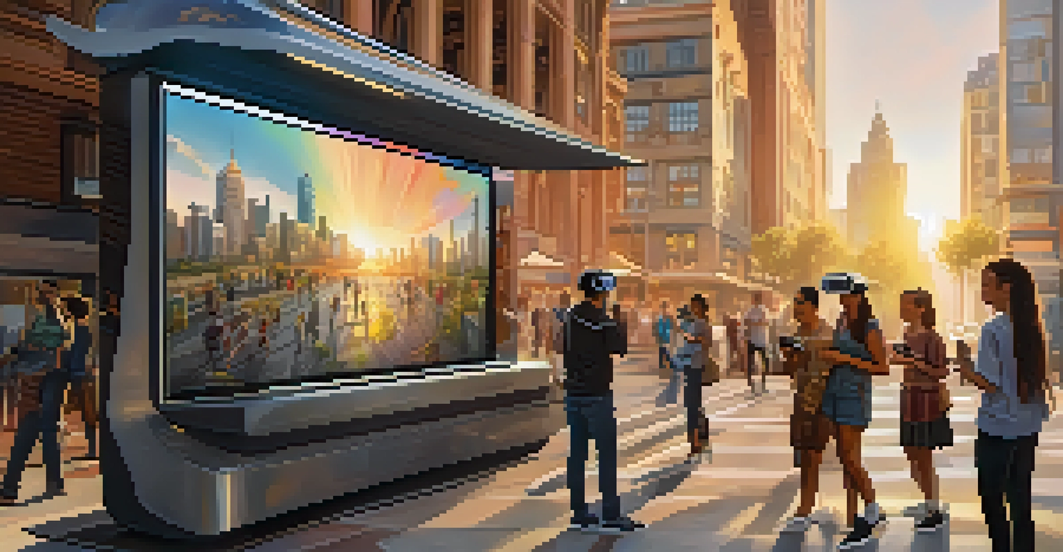 A vibrant city with a public VR mural that changes with interaction, filled with people engaging with the artwork.