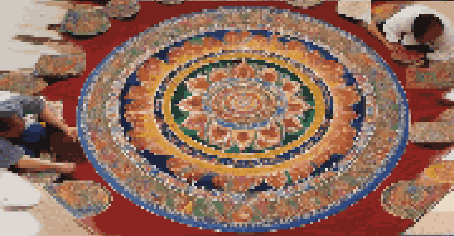 A colorful sand mandala being created by monks, highlighting intricate patterns and teamwork in a temple.