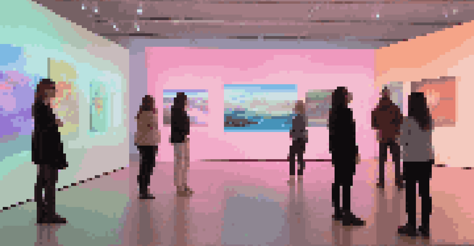 An interactive art installation in a gallery exploring gender identity, with viewers engaging with colorful digital displays.