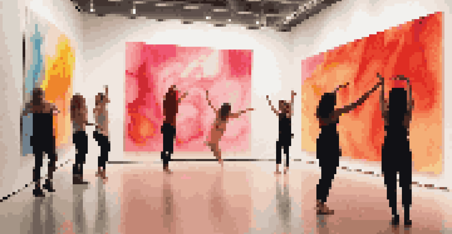 A gallery installation with large canvases and live dancers, colorful lighting, and an audience interacting with the art.