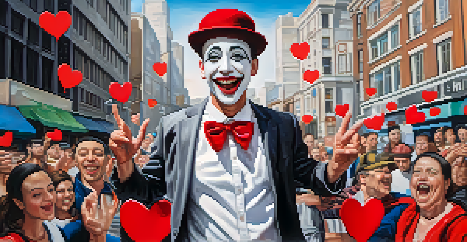 A mime artist in an urban environment, using exaggerated gestures to express emotions, surrounded by colorful street art and intrigued onlookers.