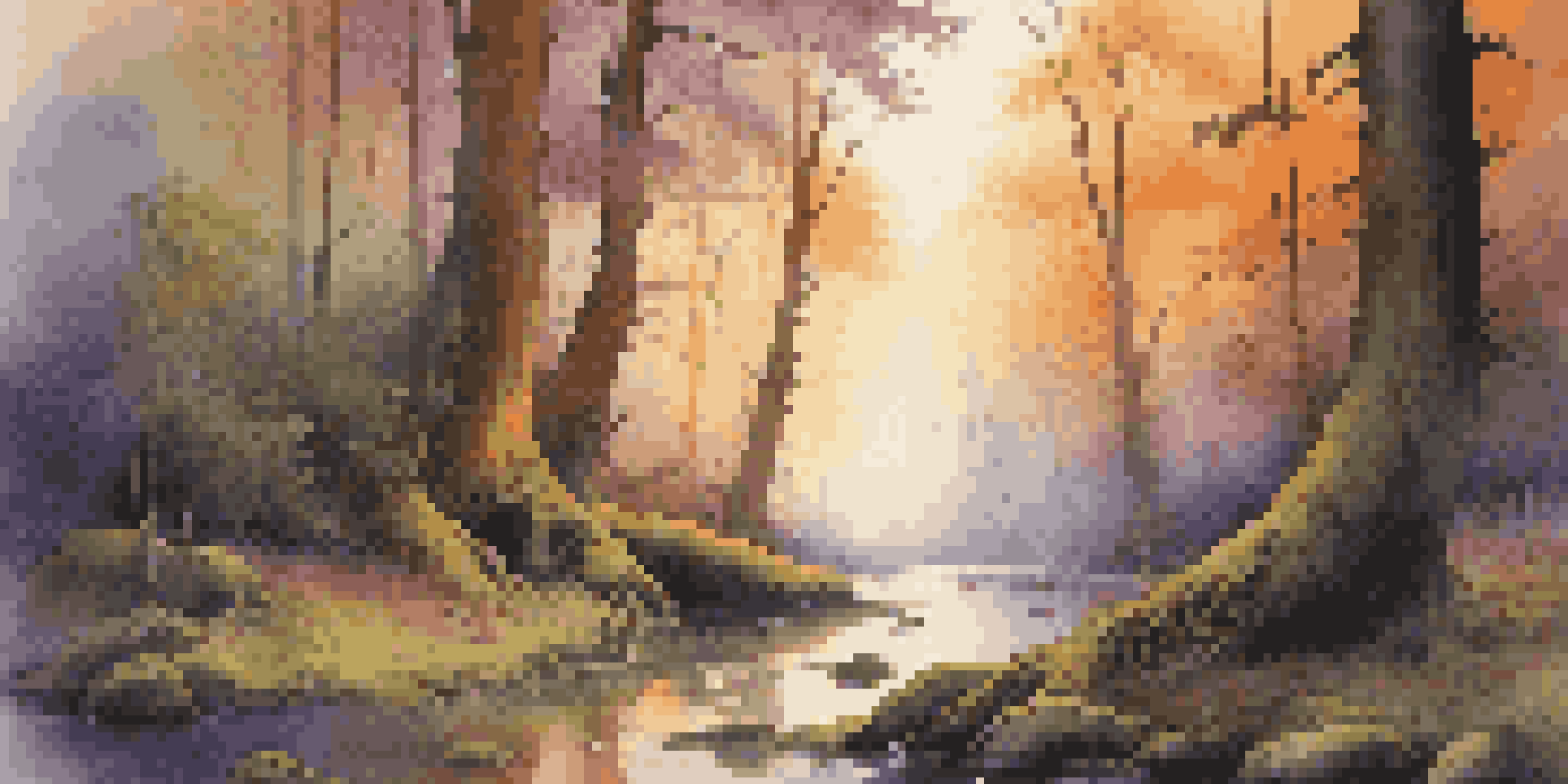 A tranquil mythical forest at dawn, featuring ancient trees, sunlight filtering through leaves, a gentle stream, and a majestic mountain in the distance.