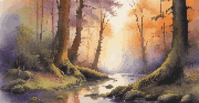 A tranquil mythical forest at dawn, featuring ancient trees, sunlight filtering through leaves, a gentle stream, and a majestic mountain in the distance.