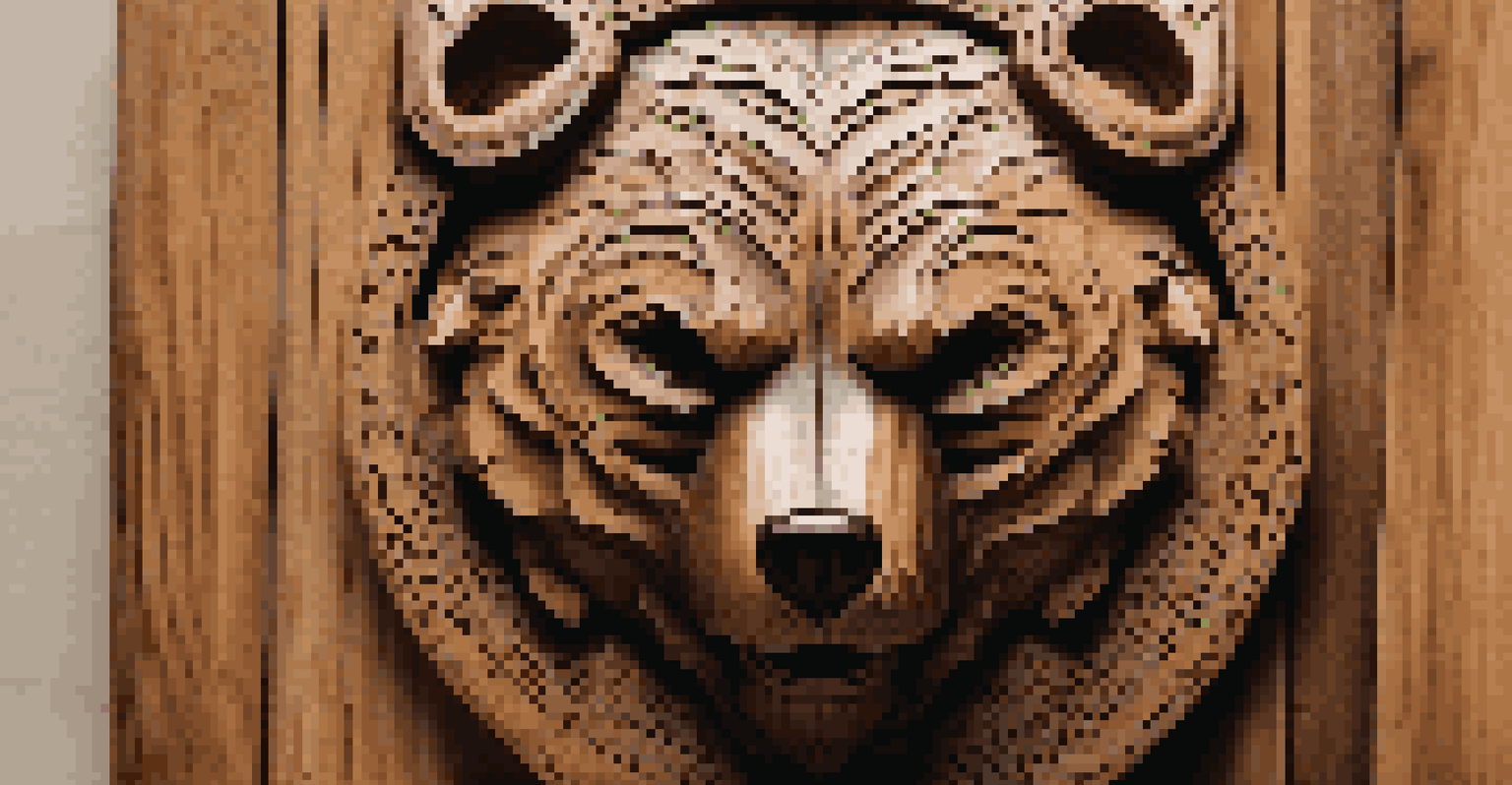 A detailed wood carving of a bear on a wooden table, illuminated by warm natural light.