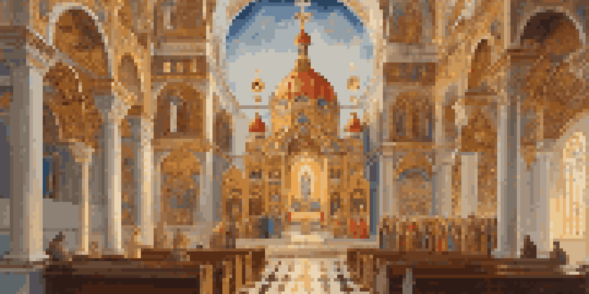 An interior view of an Orthodox church highlighting a colorful iconostasis with religious icons and soft golden light from stained glass windows.