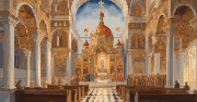 An interior view of an Orthodox church highlighting a colorful iconostasis with religious icons and soft golden light from stained glass windows.