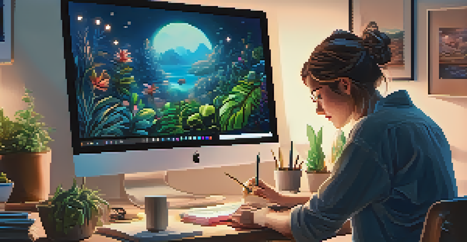 An artist creating digital art at a modern desk, surrounded by plants and art books, with a vibrant painting displayed on the screen.