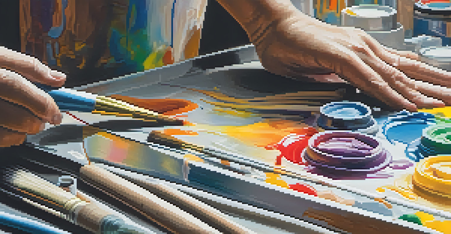 An artist's hand painting thick layers of color on a canvas, highlighting the texture and studio setting.