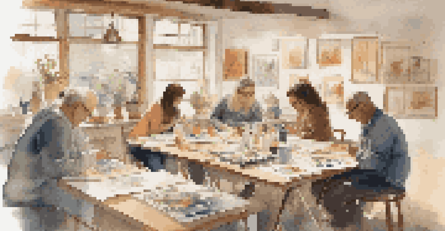A cozy indoor art workshop with a small group of artists participating in a round-robin drawing session, surrounded by sketches and art supplies, illuminated by warm lighting.