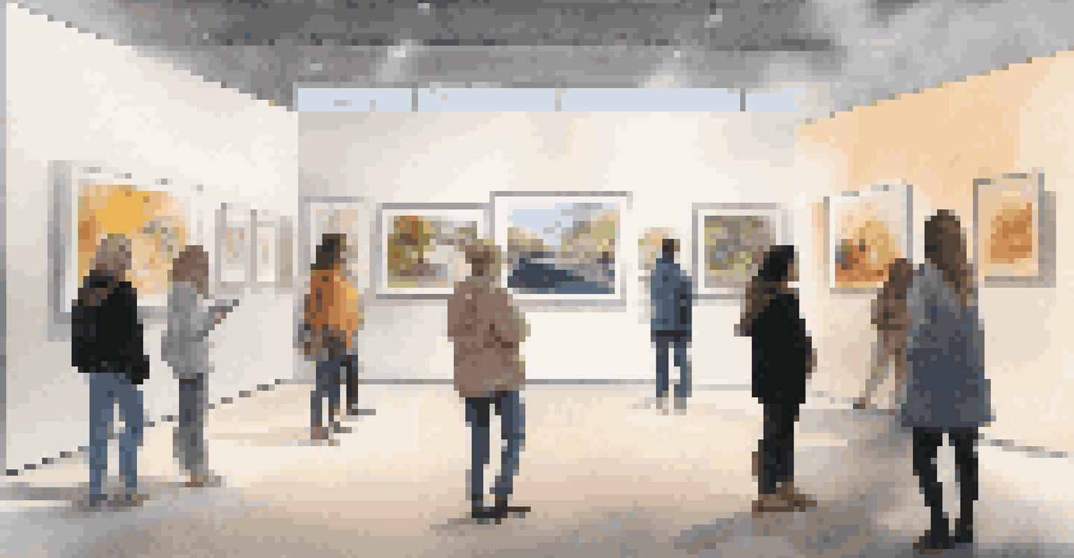 A modern digital art exhibition with visitors interacting with contemporary artworks displayed on screens.