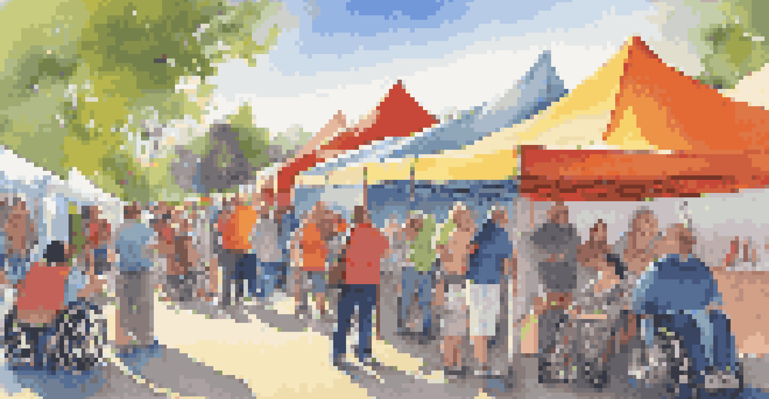 A lively outdoor art event featuring artists with disabilities, with colorful tents, people collaborating, and a sunny blue sky creating a festive atmosphere.
