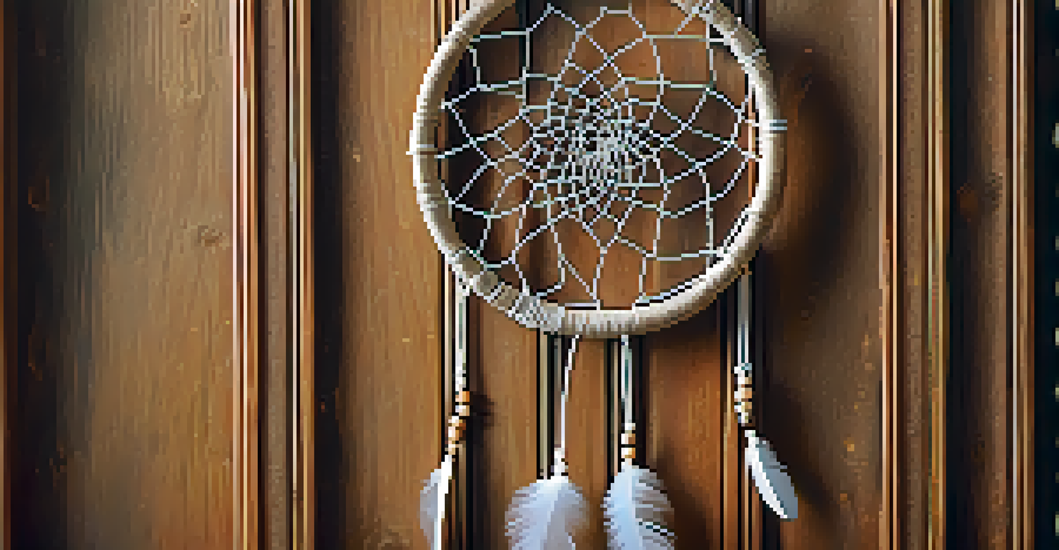 A detailed close-up of a dreamcatcher with feathers and beads, symbolizing unity, set against a rustic wooden background.