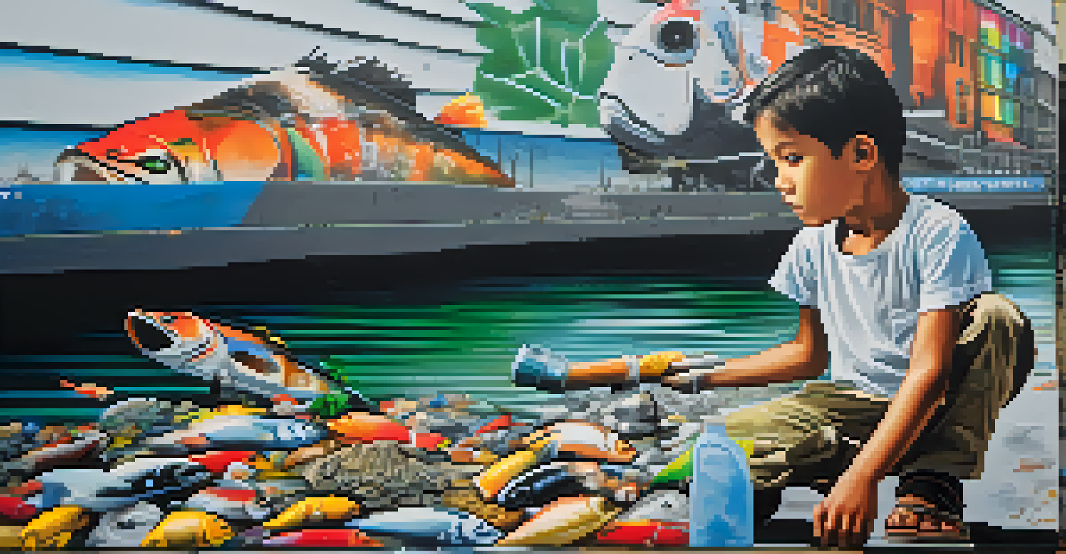 A mural showing a child with a polluted fish and a healthy fish, with contrasting backgrounds of clean and polluted environments.